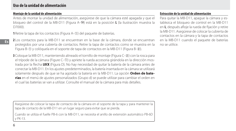 Uso de la unidad de alimentación, Montaje de la unidad de alimentación, Extracción de la unidad de alimentación | Nikon Multi-Power Battery Pack G02 User Manual | Page 52 / 332