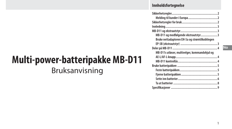 Innholdsfortegnelse, Multi-power-batteripakke mb-d11, Bruksanvisning | Nikon Multi-Power Battery Pack G02 User Manual | Page 57 / 332