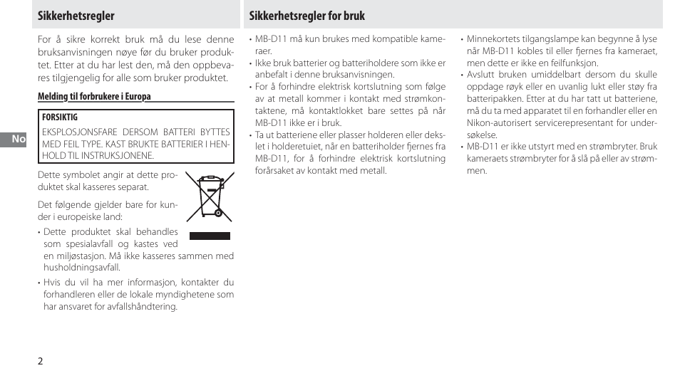 Sikkerhetsregler, Melding til forbrukere i europa, Sikkerhetsregler for bruk | Nikon Multi-Power Battery Pack G02 User Manual | Page 58 / 332