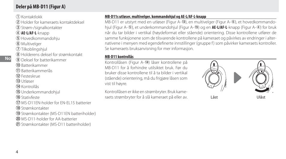 Deler på mb-d11, Mb-d11 kontrollås, Deler på mb-d11 (figur a) | Nikon Multi-Power Battery Pack G02 User Manual | Page 60 / 332