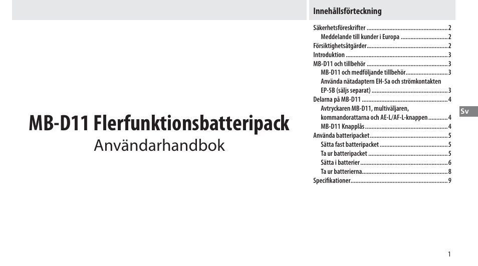 Innehållsförteckning, Mb-d11 flerfunktionsbatteripack, Användarhandbok | Nikon Multi-Power Battery Pack G02 User Manual | Page 67 / 332
