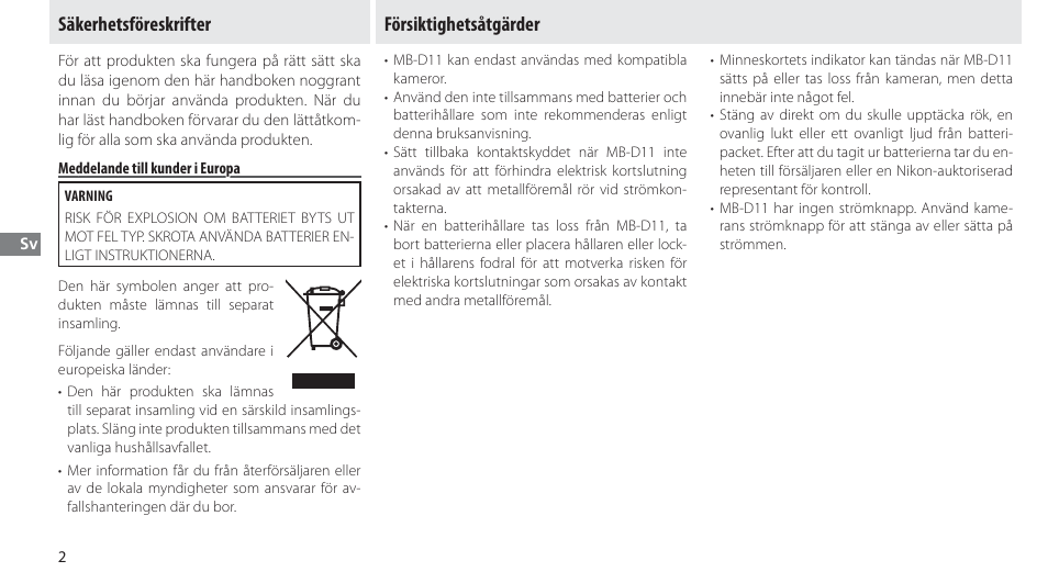 Säkerhetsföreskrifter, Meddelande till kunder i europa, Försiktighetsåtgärder | Nikon Multi-Power Battery Pack G02 User Manual | Page 68 / 332