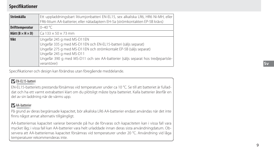 Specifikationer, Specifi kationer | Nikon Multi-Power Battery Pack G02 User Manual | Page 75 / 332