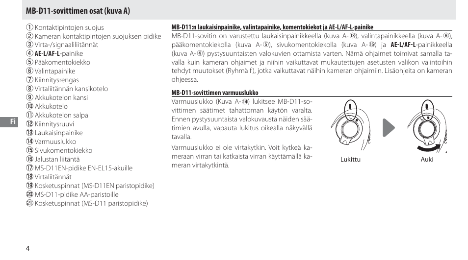 Mb-d11-sovittimen osat, Mb-d11-sovittimen varmuuslukko, Mb-d11-sovittimen osat (kuva a) | Nikon Multi-Power Battery Pack G02 User Manual | Page 80 / 332