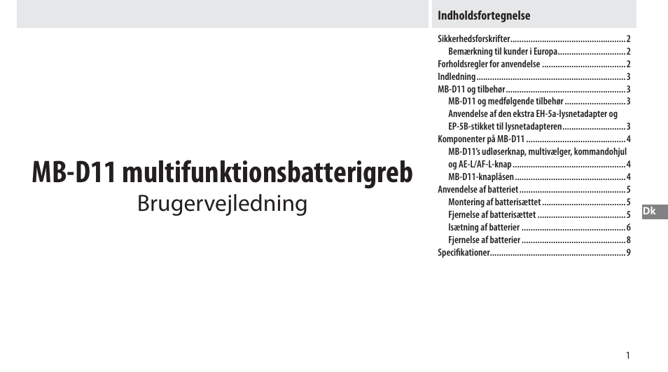 Indholdsfortegnelse, Mb-d11 multifunktionsbatterigreb, Brugervejledning | Nikon Multi-Power Battery Pack G02 User Manual | Page 97 / 332