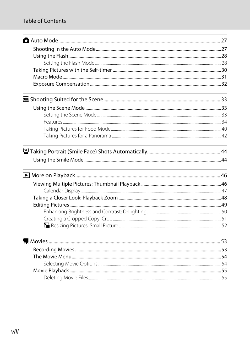 Viii | Nikon Coolpix L19 User Manual | Page 10 / 140