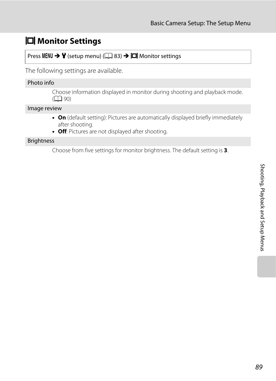 Monitor settings, E monitor settings, A 89) | A 89 | Nikon Coolpix L19 User Manual | Page 101 / 140