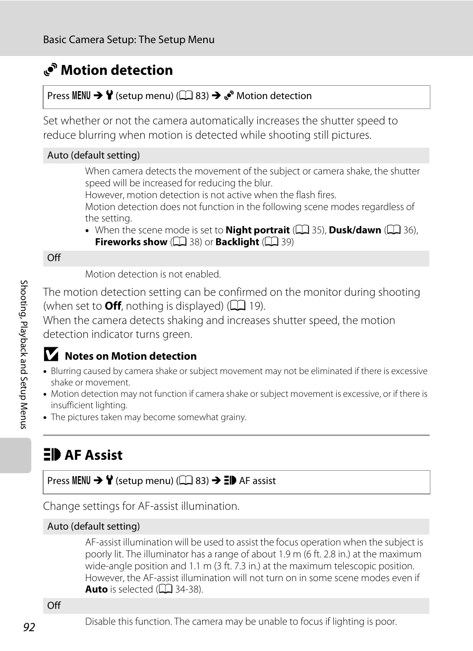 Motion detection, Af assist, U motion detection h af assist | A 92) in, A 92, A 92), A 92) setting an, A 92) does not function i, U motion detection, H af assist | Nikon Coolpix L19 User Manual | Page 104 / 140