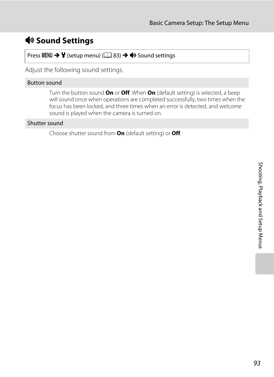 Sound settings, I sound settings, A 93 | Nikon Coolpix L19 User Manual | Page 105 / 140