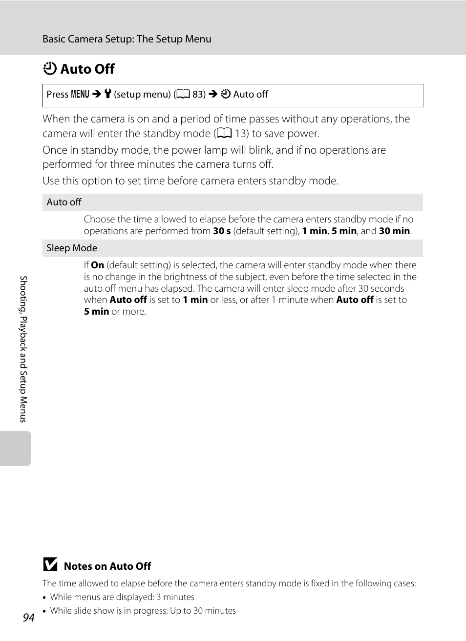 Auto off, K auto off, A 94 | A 94) | Nikon Coolpix L19 User Manual | Page 106 / 140
