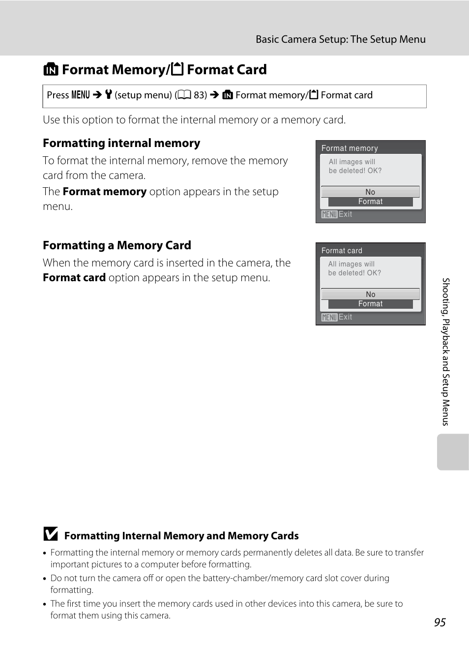 Format memory/format card, L format memory/m format card, A 95 | Nikon Coolpix L19 User Manual | Page 107 / 140