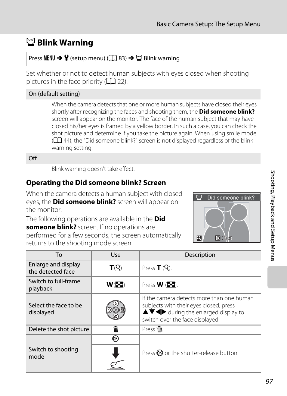 Blink warning, D blink warning, A 97 | A 97), Operating the did someone blink? screen | Nikon Coolpix L19 User Manual | Page 109 / 140