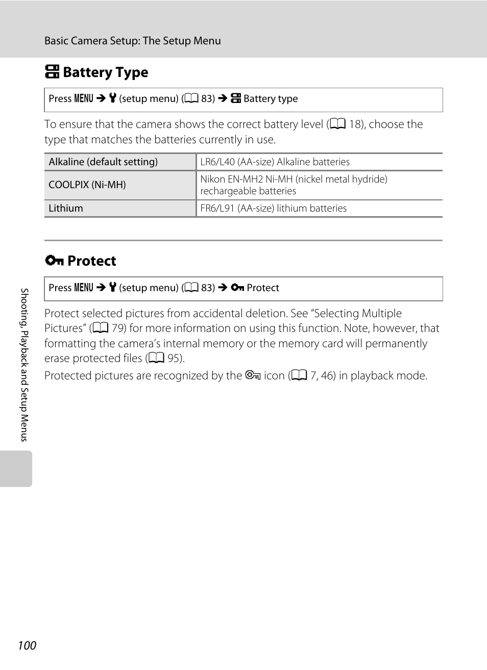 Battery type, Protect, S battery type d protect | A 100), A 100) are, A 100) se, A 100, S battery type, D protect | Nikon Coolpix L19 User Manual | Page 112 / 140