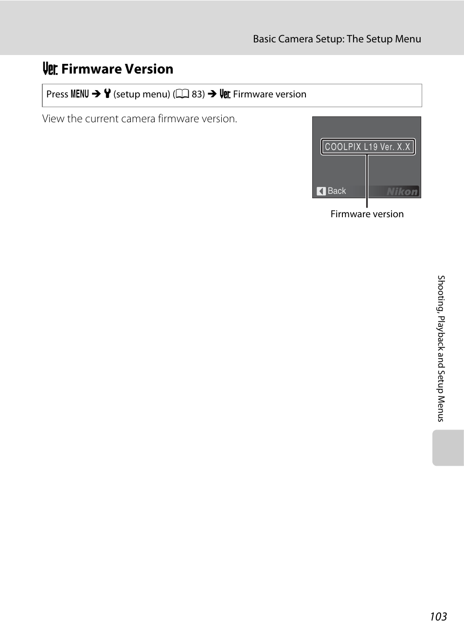 Firmware version, R firmware version, A 103 | Nikon Coolpix L19 User Manual | Page 115 / 140