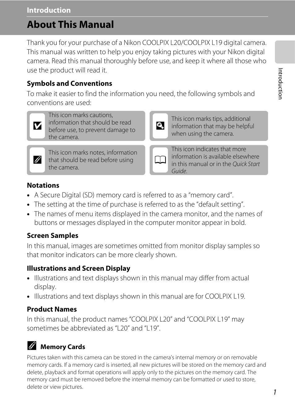 Introduction, About this manual, Ab c | Nikon Coolpix L19 User Manual | Page 13 / 140