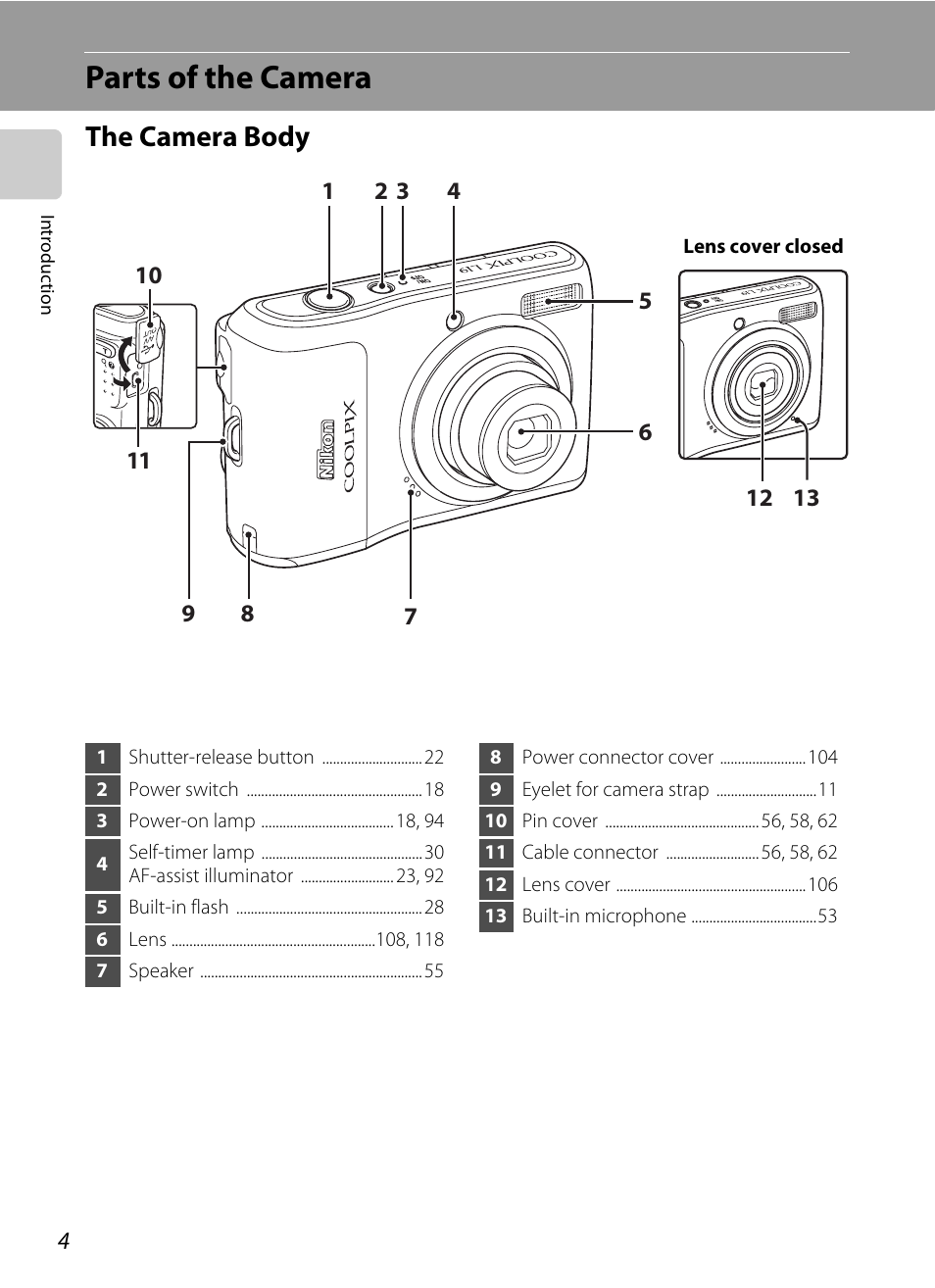 Parts of the camera, The camera body | Nikon Coolpix L19 User Manual | Page 16 / 140
