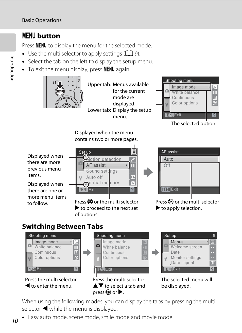 Menu button, Switching between tabs, D button switching between tabs | D button | Nikon Coolpix L19 User Manual | Page 22 / 140