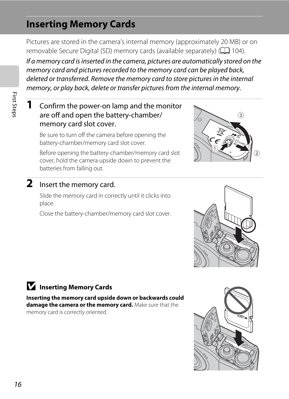 Inserting memory cards | Nikon Coolpix L19 User Manual | Page 28 / 140