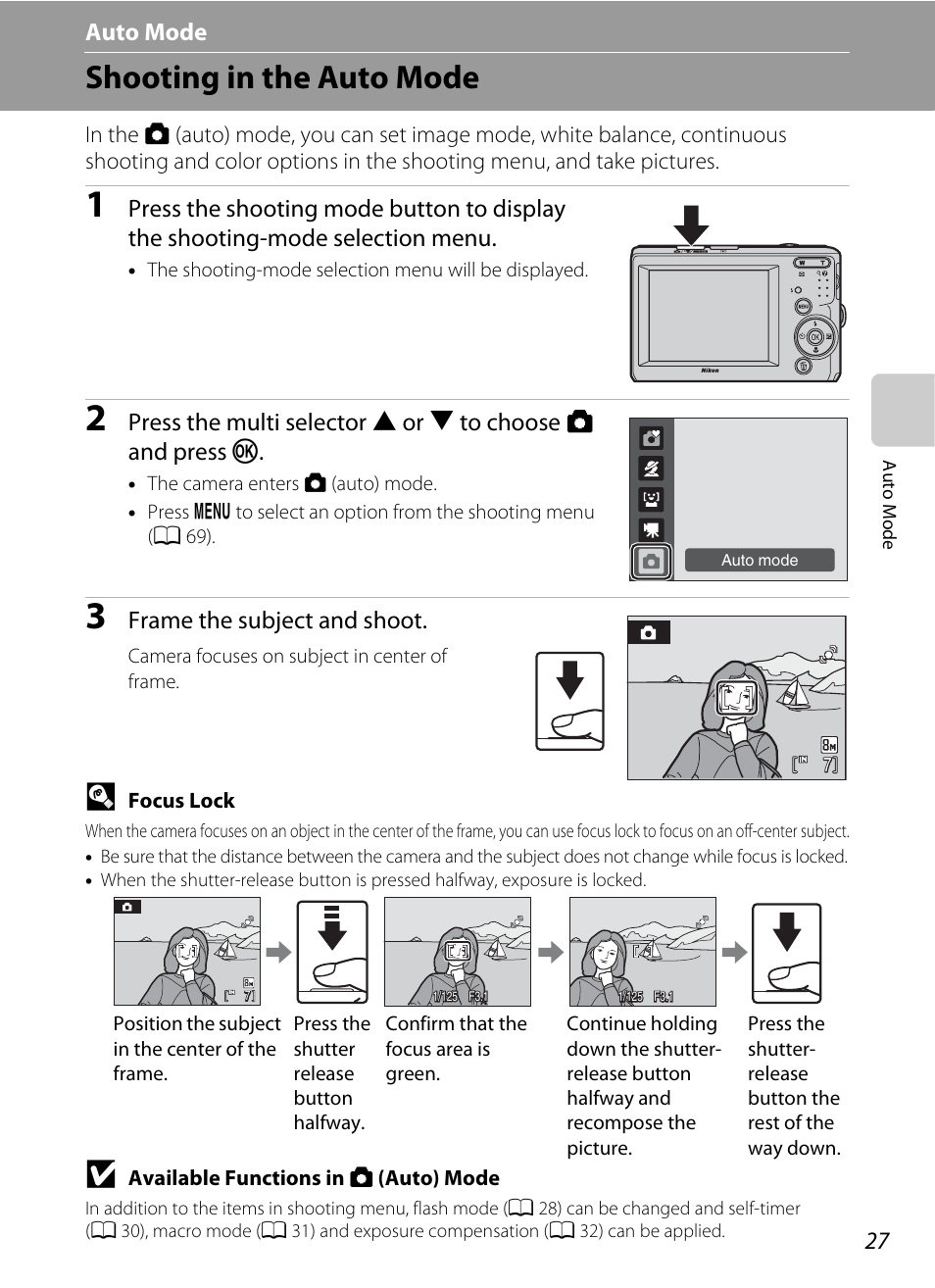 Auto mode, Shooting in the auto mode, A auto mode | A 27, Shooting mode. see “shooting in the auto mode, A 27), “us, Lock, A 27) | Nikon Coolpix L19 User Manual | Page 39 / 140
