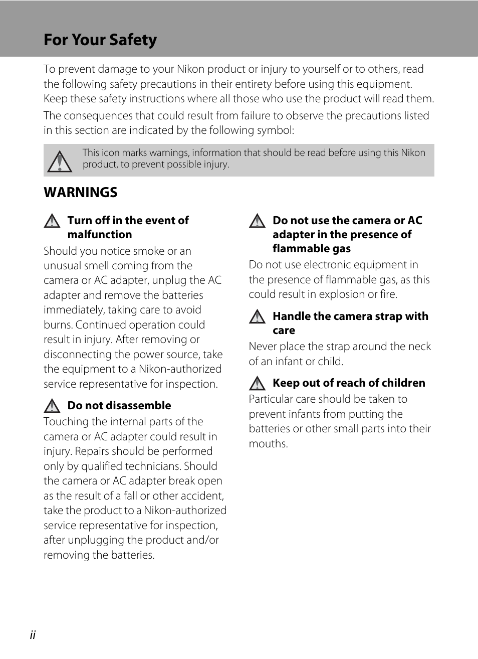 For your safety, Warnings | Nikon Coolpix L19 User Manual | Page 4 / 140