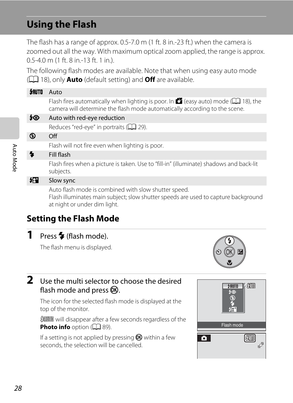 Using the flash, Setting the flash mode, A 28) | A 28, Ash mode (a 28) | Nikon Coolpix L19 User Manual | Page 40 / 140