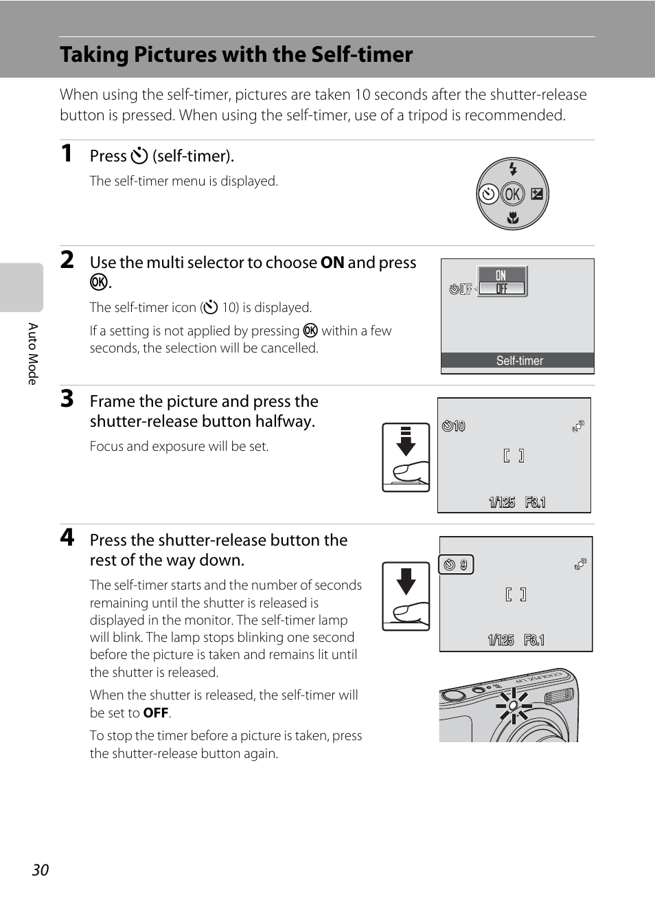 Taking pictures with the self-timer, A 30), A 30 | A 30), macro mod | Nikon Coolpix L19 User Manual | Page 42 / 140