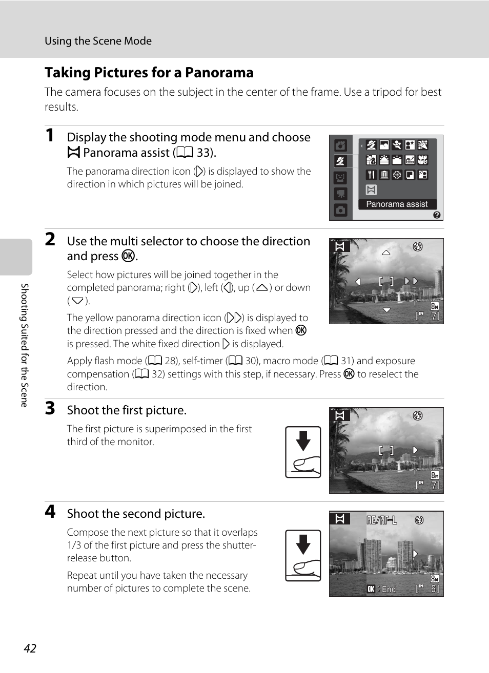 Taking pictures for a panorama, E taking pictures for a panorama, A 42) | Nikon Coolpix L19 User Manual | Page 54 / 140