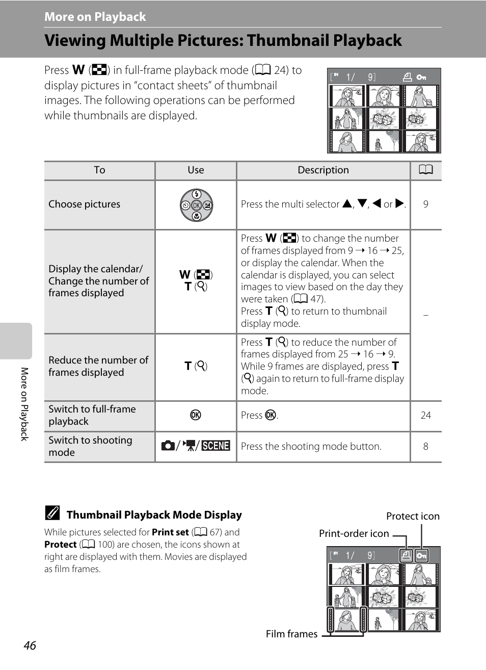 More on playback, Viewing multiple pictures: thumbnail playback, C more on playback | Nikon Coolpix L19 User Manual | Page 58 / 140