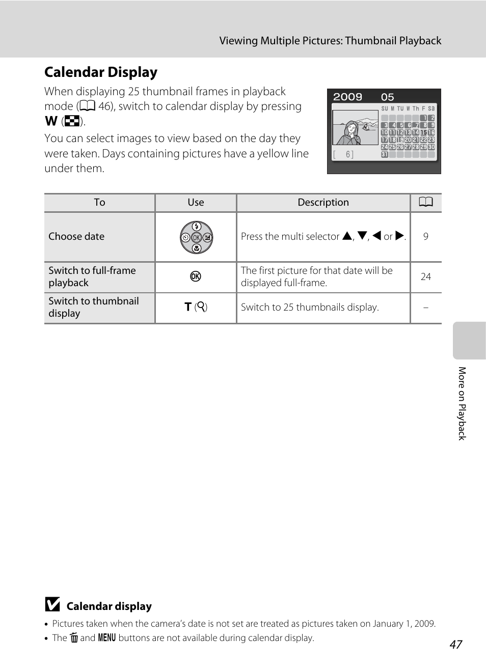 Calendar display, A 47) | Nikon Coolpix L19 User Manual | Page 59 / 140