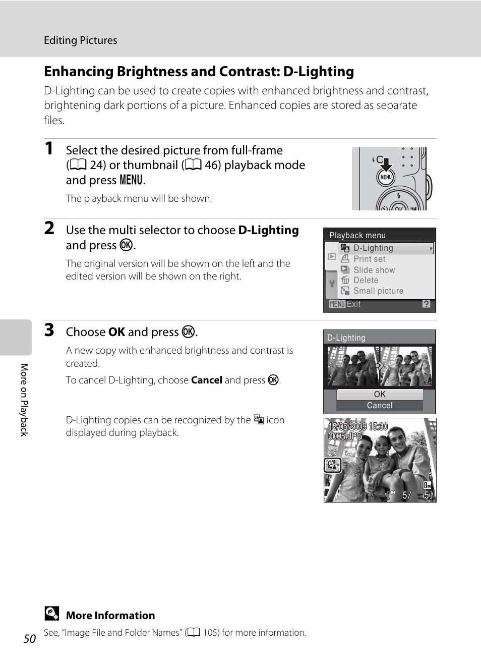 Enhancing brightness and contrast: d-lighting, A 50 | Nikon Coolpix L19 User Manual | Page 62 / 140