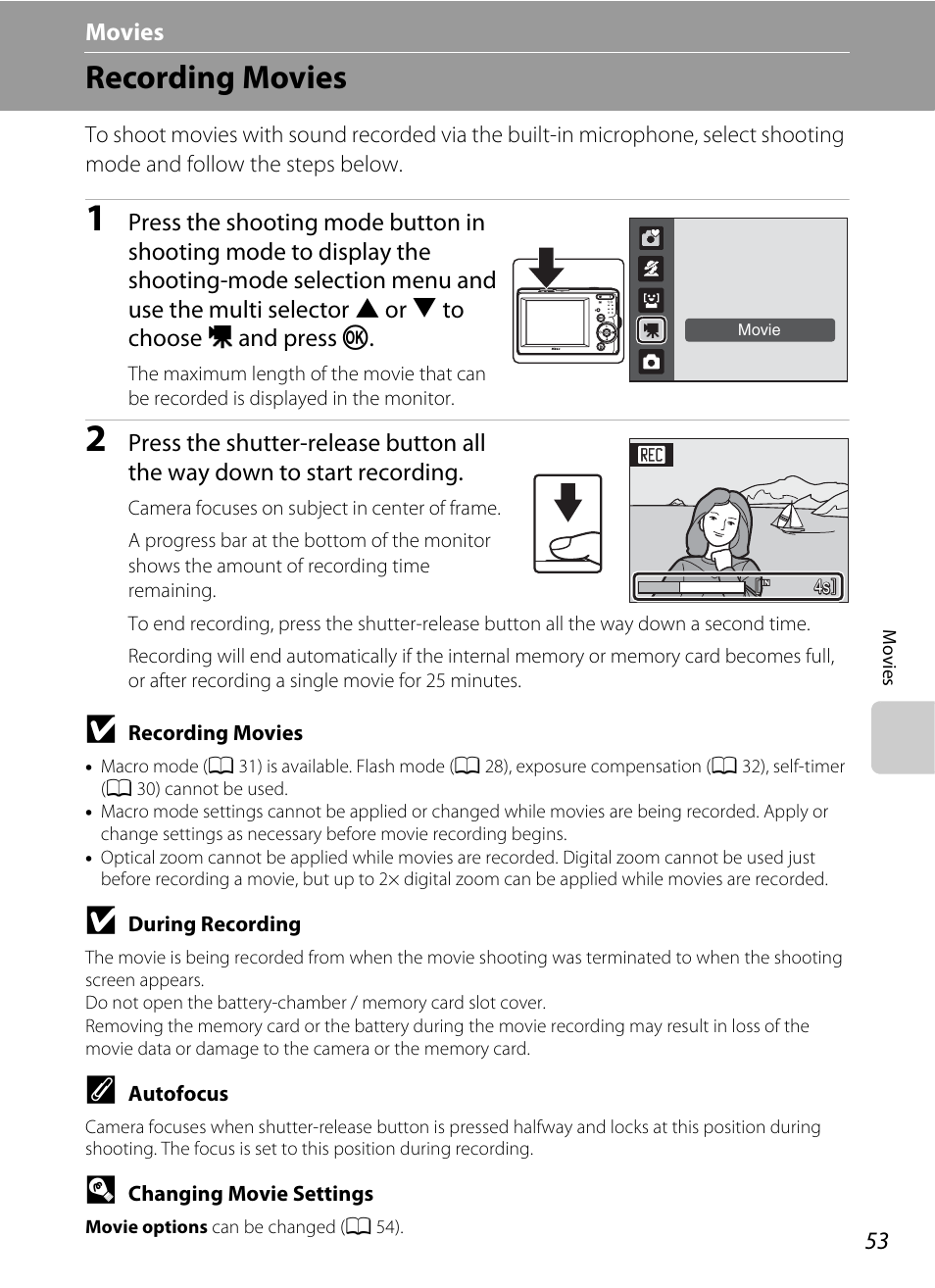 Movies, Recording movies, D movies | A 53), A 53) for | Nikon Coolpix L19 User Manual | Page 65 / 140