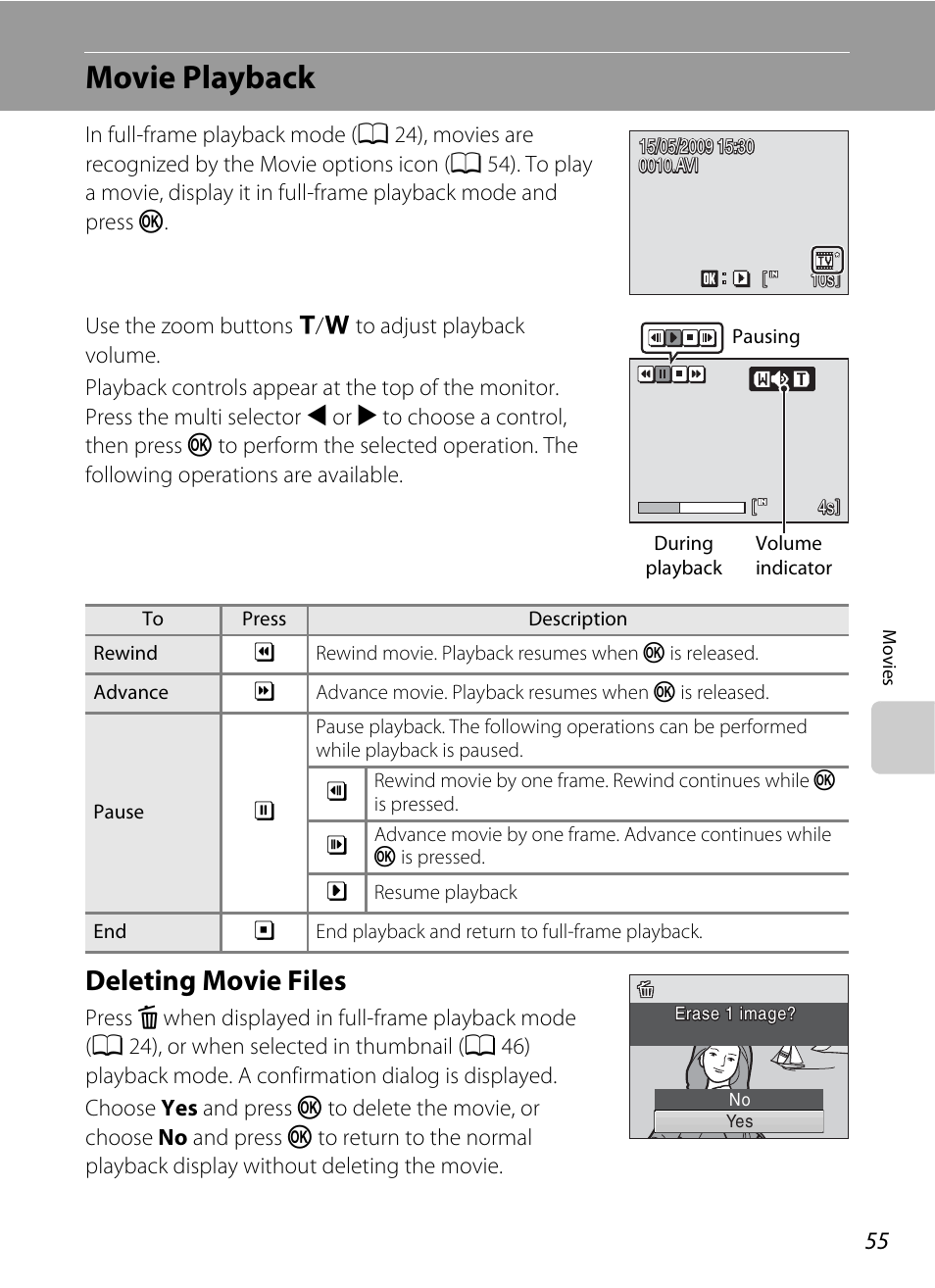 Movie playback, Deleting movie files | Nikon Coolpix L19 User Manual | Page 67 / 140