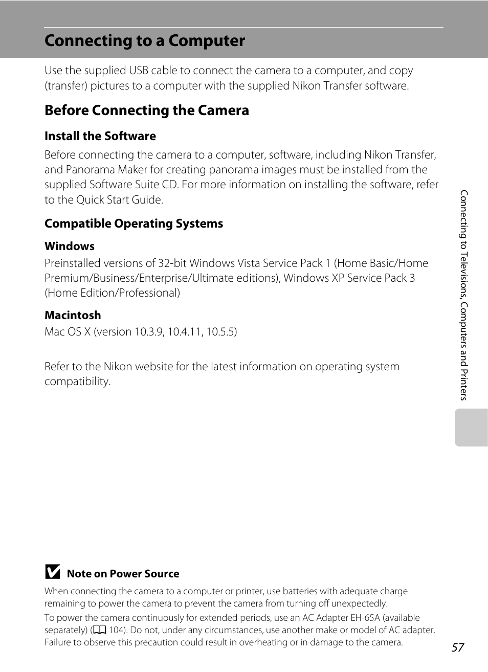 Connecting to a computer, Before connecting the camera, A 57 | Install the software, Compatible operating systems | Nikon Coolpix L19 User Manual | Page 69 / 140