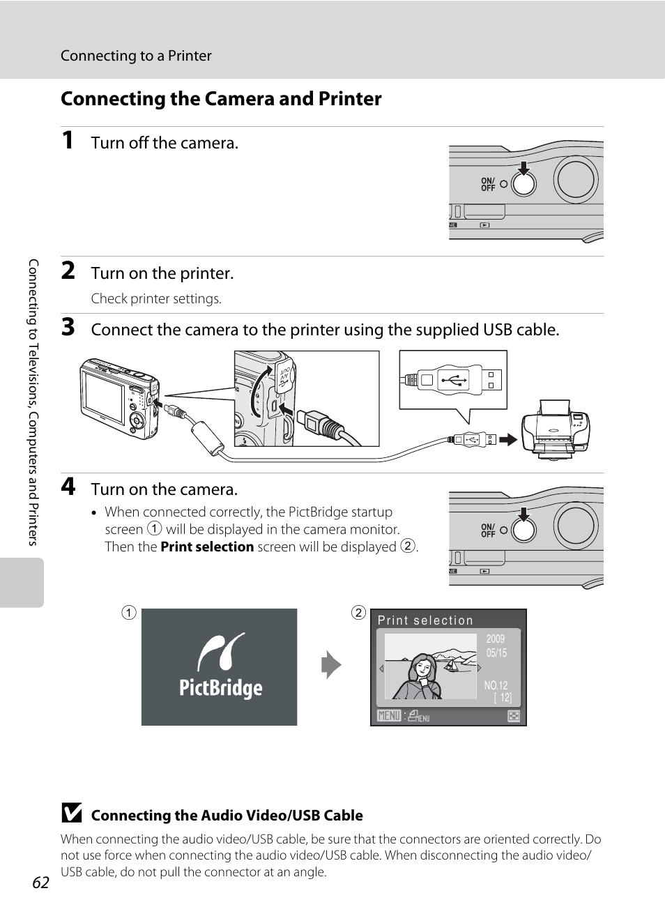 Connecting the camera and printer, A 62) | Nikon Coolpix L19 User Manual | Page 74 / 140