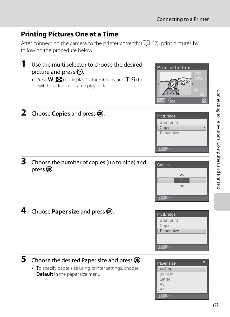 Printing pictures one at a time, A 63), Choose copies and press k | Choose paper size and press k, Choose the desired paper size and press k | Nikon Coolpix L19 User Manual | Page 75 / 140