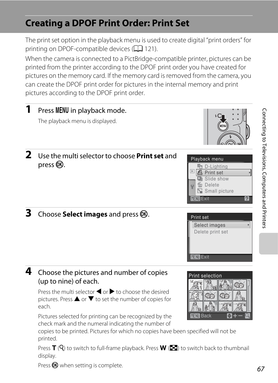 Creating a dpof print order: print set, A 67) and, A 67) | Nikon Coolpix L19 User Manual | Page 79 / 140