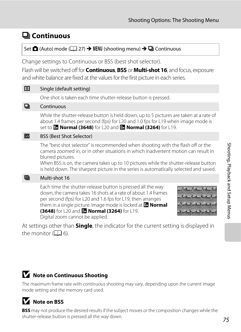 Continuous, C continuous, A 75) | A 75 | Nikon Coolpix L19 User Manual | Page 87 / 140