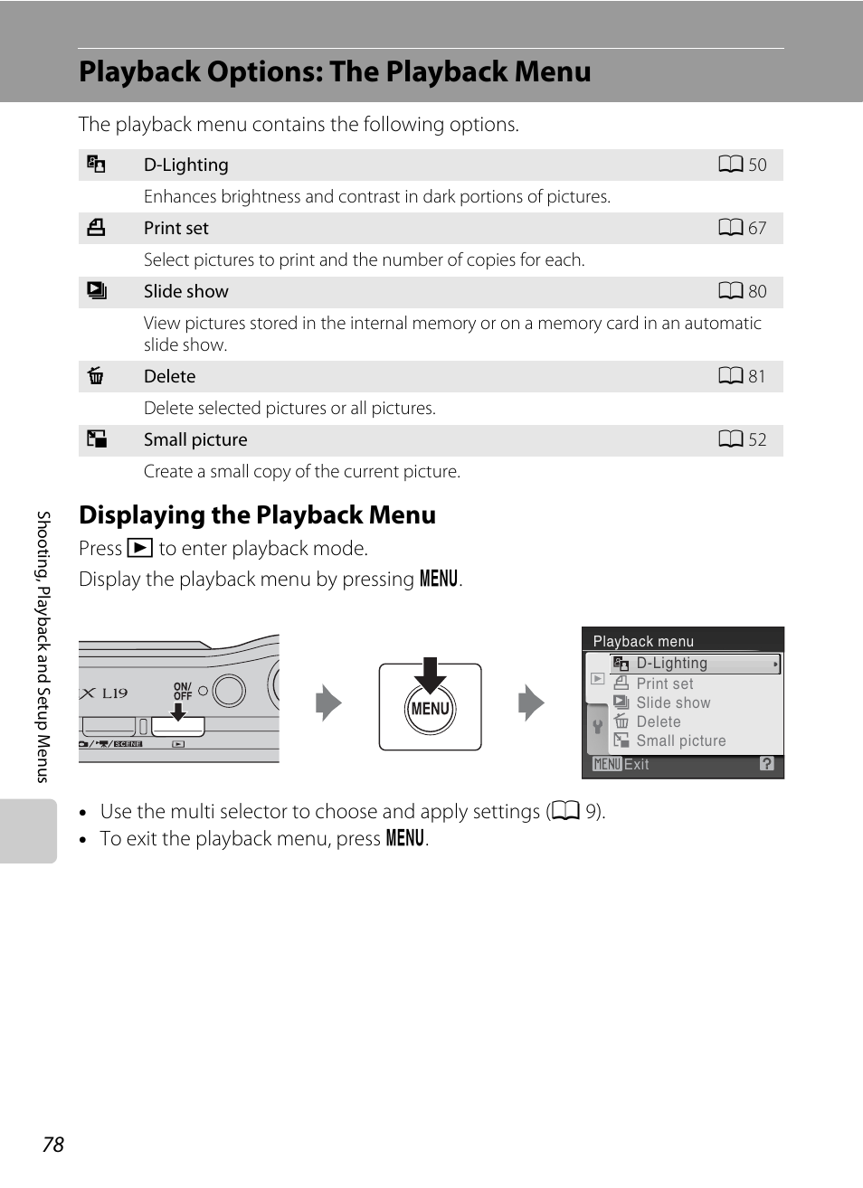 Playback options: the playback menu, Displaying the playback menu, A 78) | Nikon Coolpix L19 User Manual | Page 90 / 140