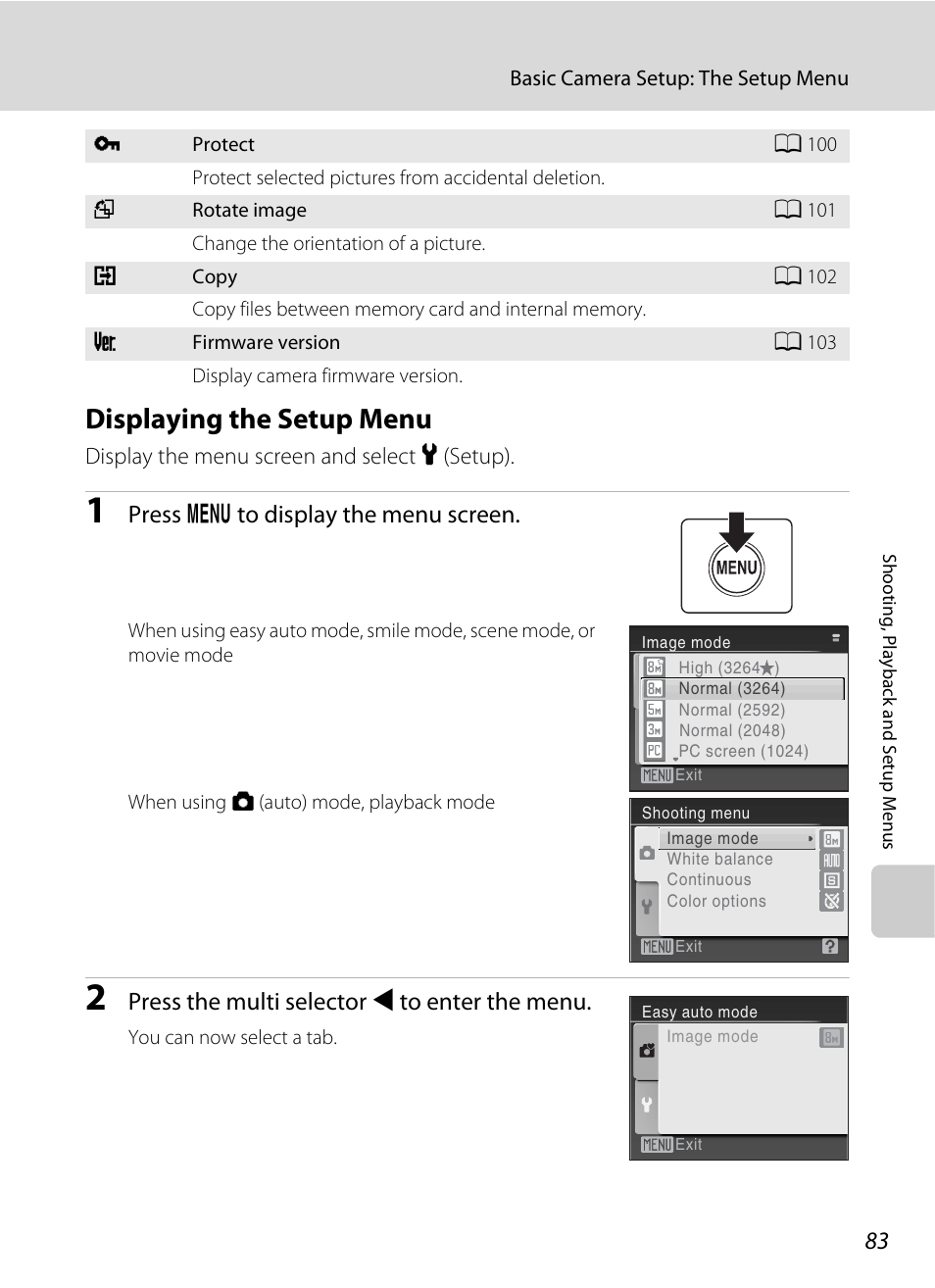 Displaying the setup menu, Press d to display the menu screen, Press the multi selector j to enter the menu | Nikon Coolpix L19 User Manual | Page 95 / 140