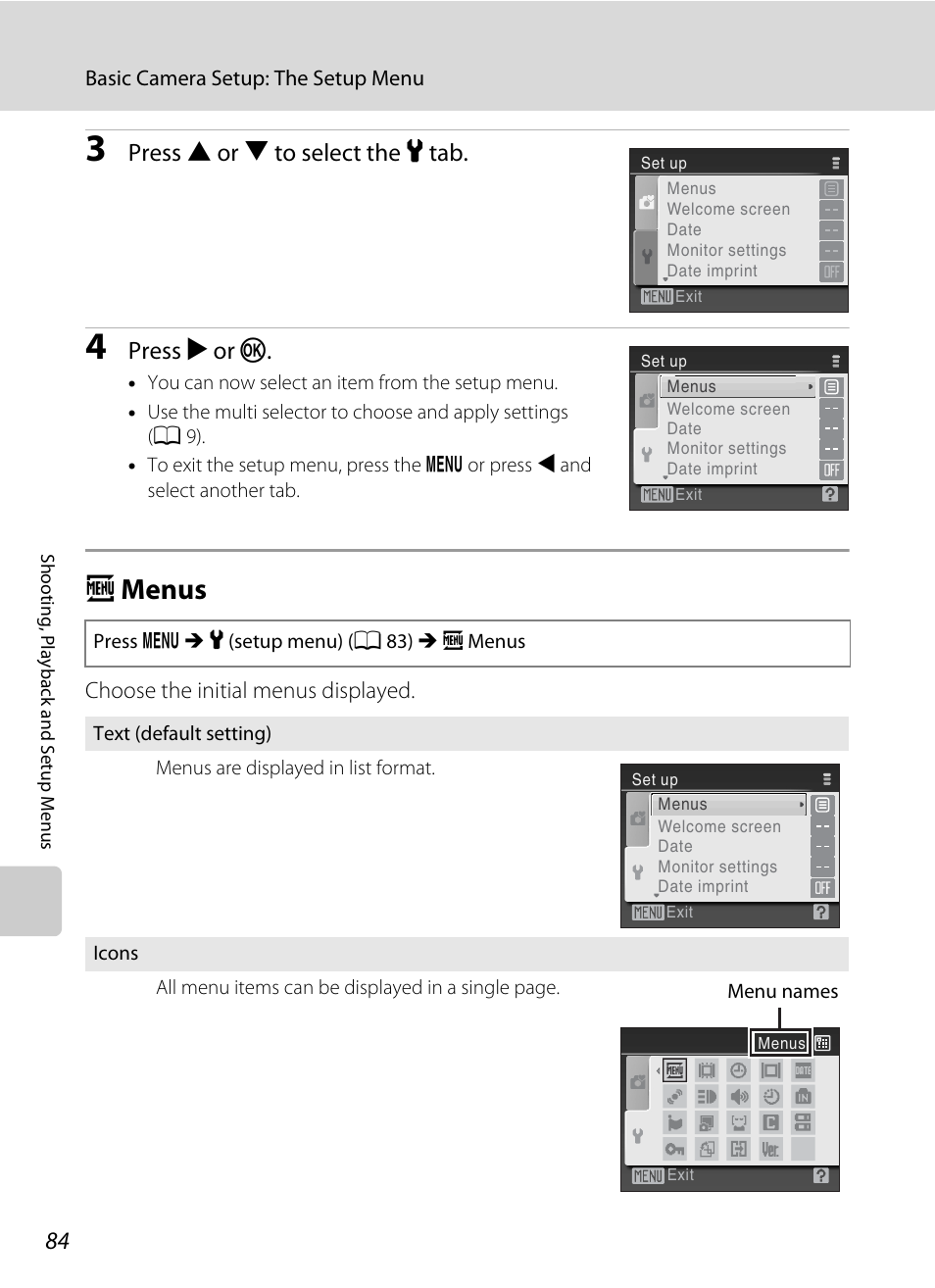 Menus, A menus, A 84 | Press h or i to select the z tab, Press k or k | Nikon Coolpix L19 User Manual | Page 96 / 140