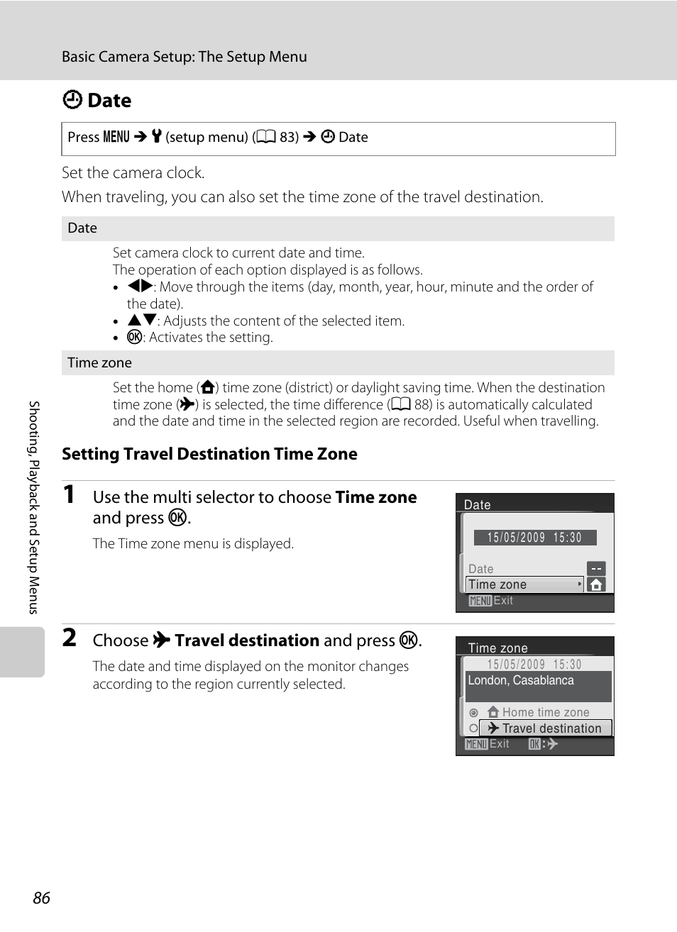 Date, D date, A 86) i | A 86, 8, A 86, Setting travel destination time zone, Choose x travel destination and press k | Nikon Coolpix L19 User Manual | Page 98 / 140