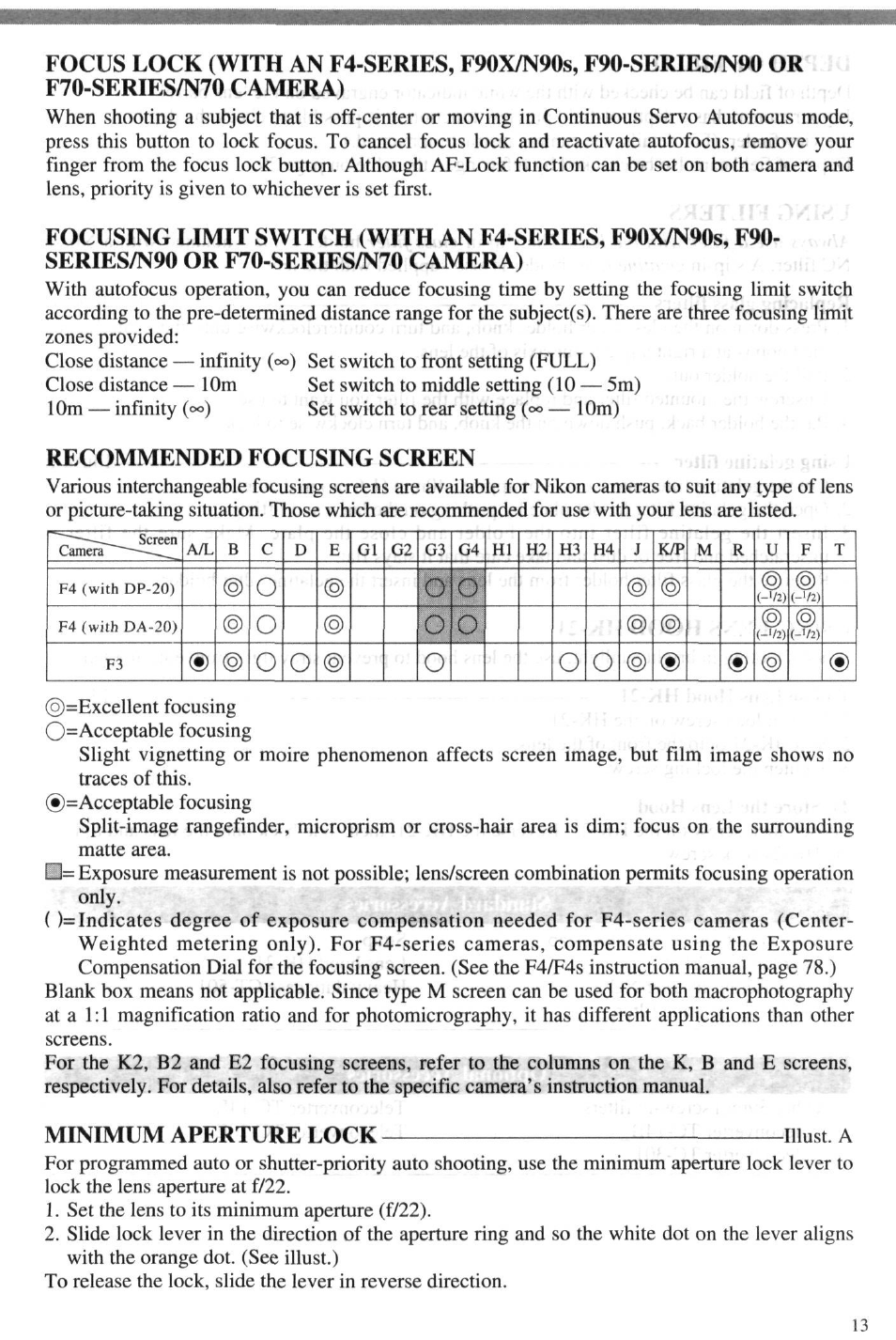 Recommended focusing screen, Minimum aperture lock, Oo o | Nikon 4DIF User Manual | Page 13 / 40