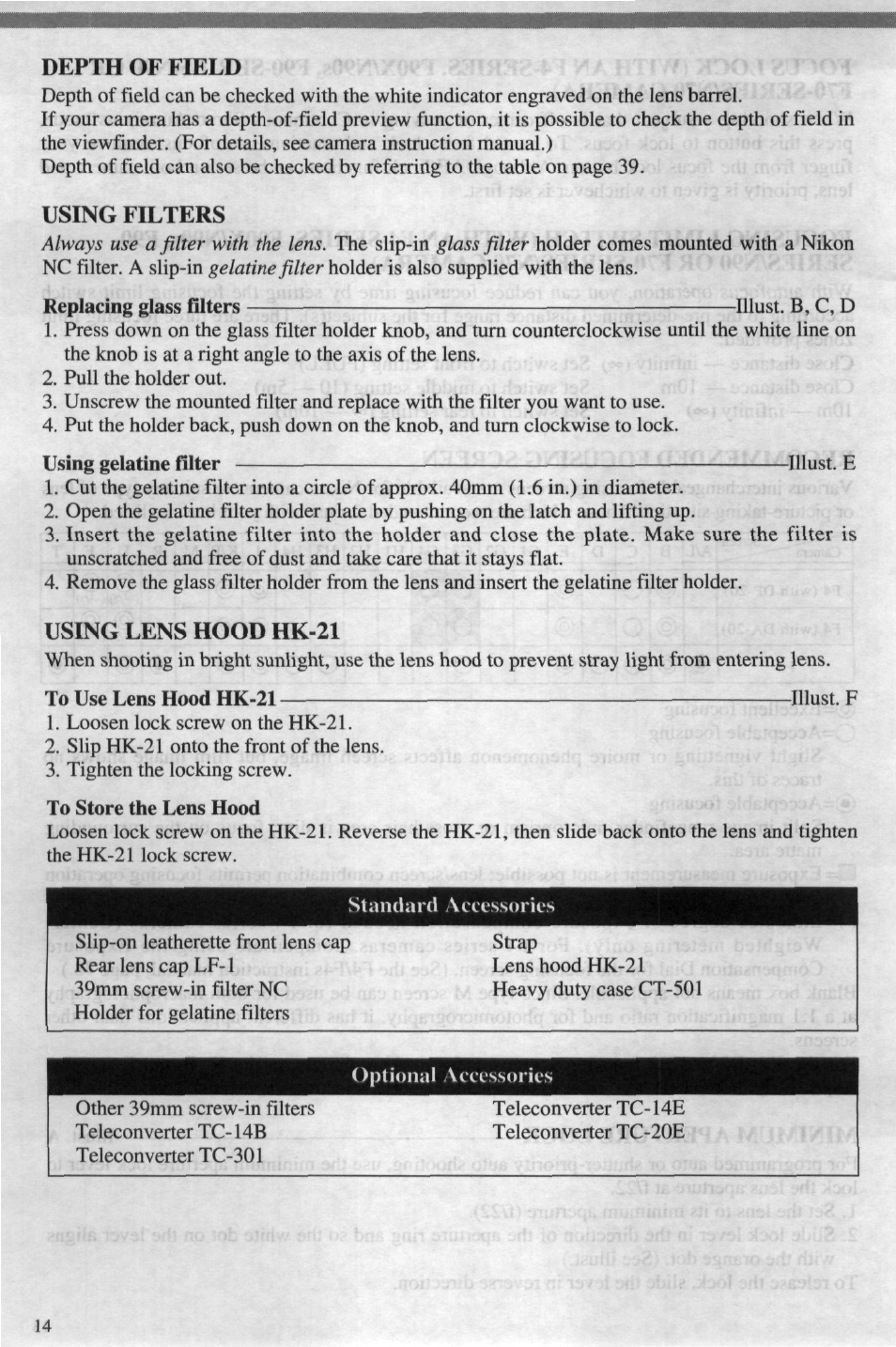 Depth of field, Using filters, Using lens hood hk-21 | Nikon 4DIF User Manual | Page 14 / 40