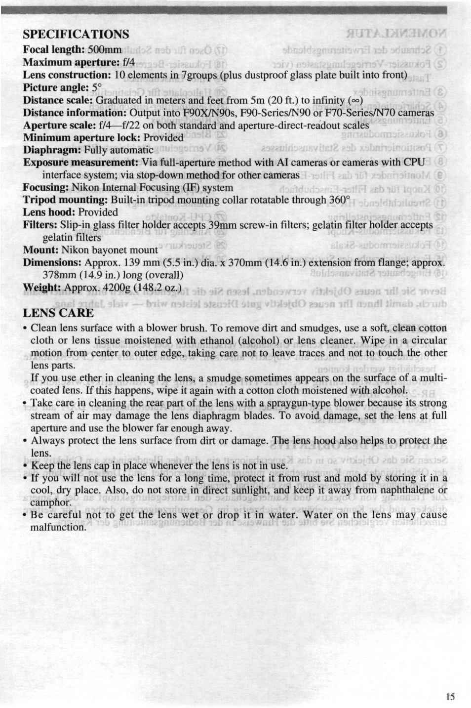 Lens care, Specifications | Nikon 4DIF User Manual | Page 15 / 40