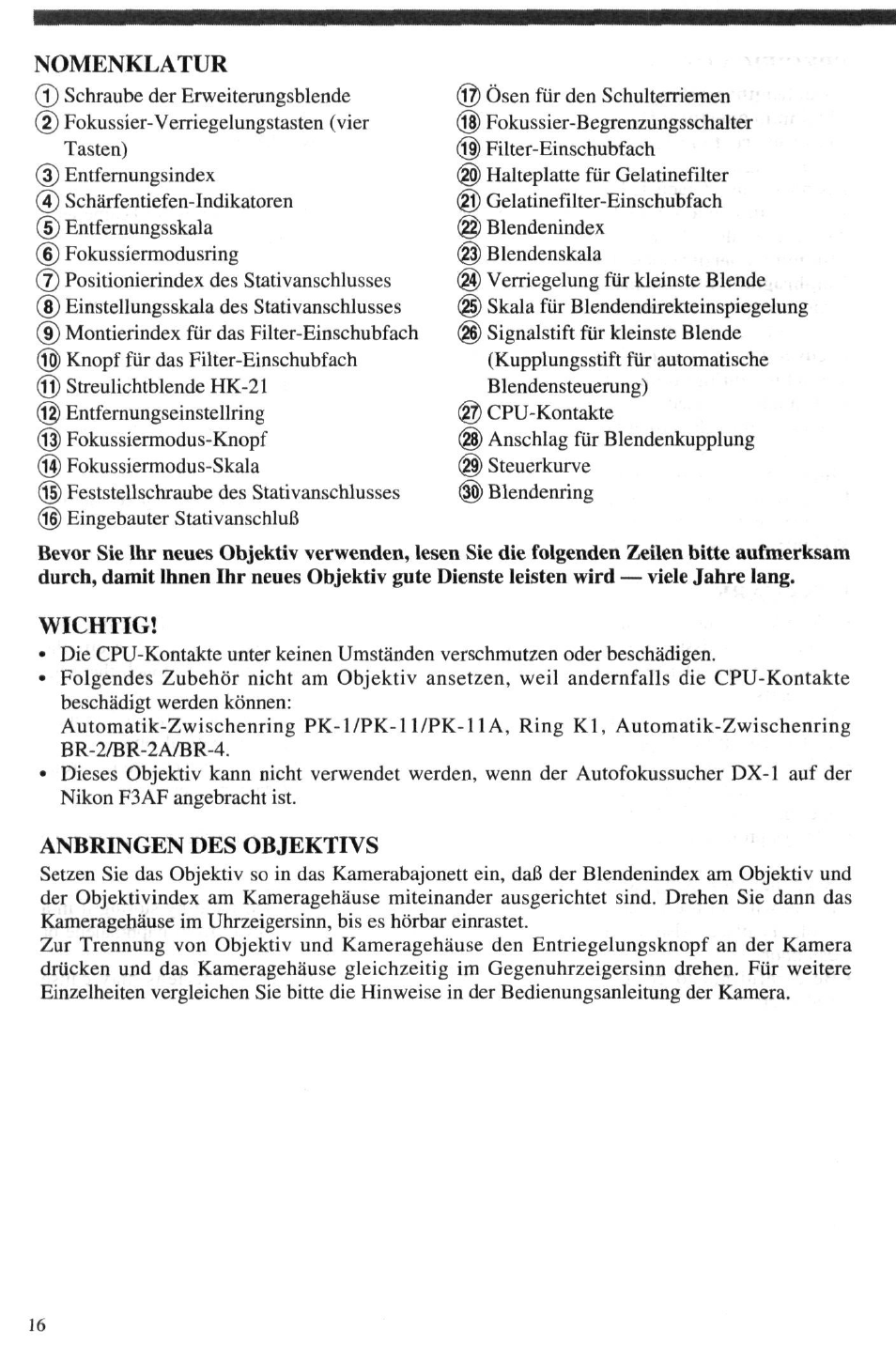 Nomenklatur, Wichtig, Anbringen des objektivs | Nikon 4DIF User Manual | Page 16 / 40