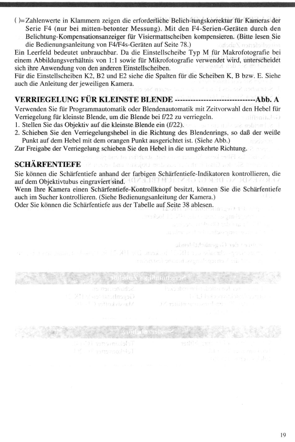 Verriegelung für kleinste blende abb. a, Schärfentiefe | Nikon 4DIF User Manual | Page 19 / 40
