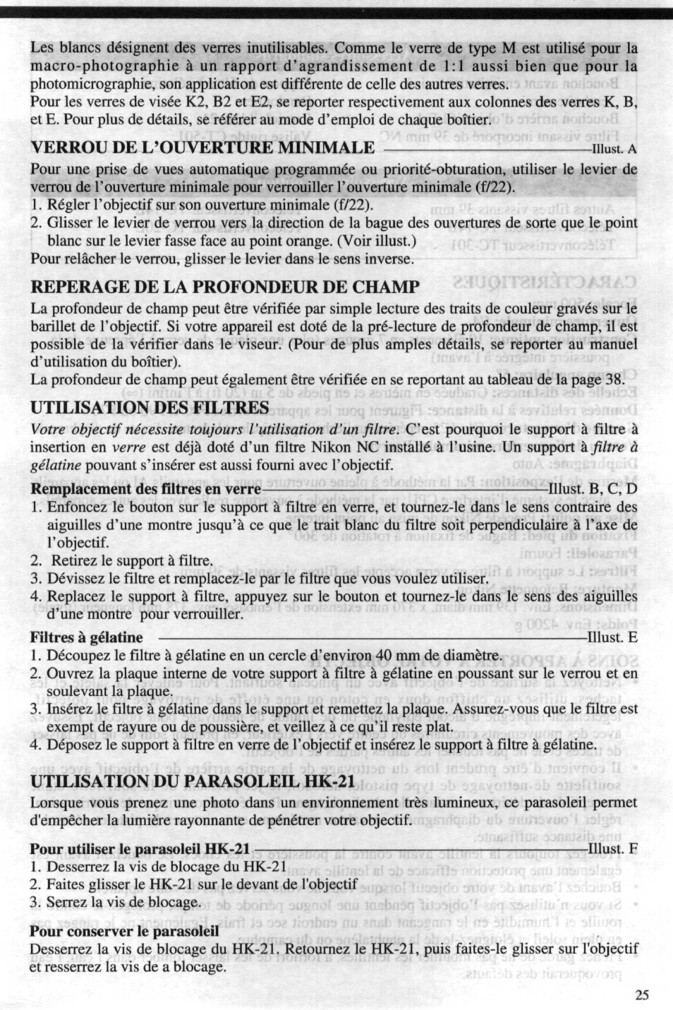Reperage de la profondeur de champ, Utilisation des filtres, Utilisation du parasoleil hk-21 | Nikon 4DIF User Manual | Page 25 / 40