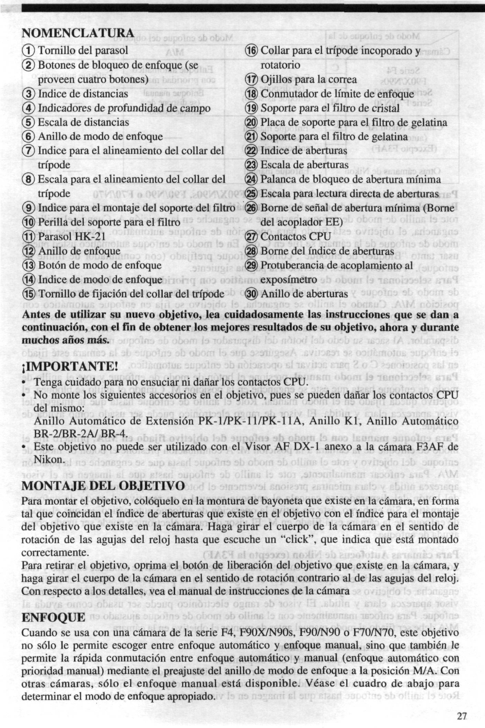 Importante, Montaje del objetivo, Enfoque | Nikon 4DIF User Manual | Page 27 / 40