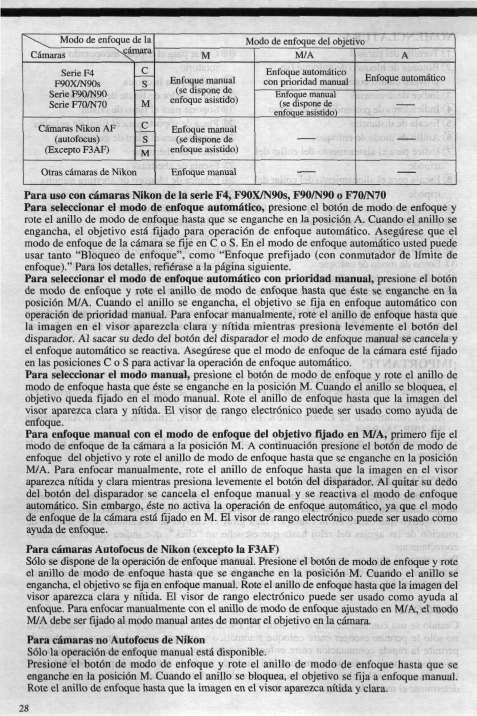 Cám¡^s, Para seleccionar el modo manual, Para cámaras autofocus de nikon (excepto la f3af) | Para cámaras no autofocus de nikon | Nikon 4DIF User Manual | Page 28 / 40