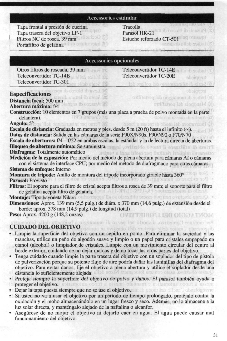 Especiflcaciones, Cuidado del objetivo | Nikon 4DIF User Manual | Page 31 / 40